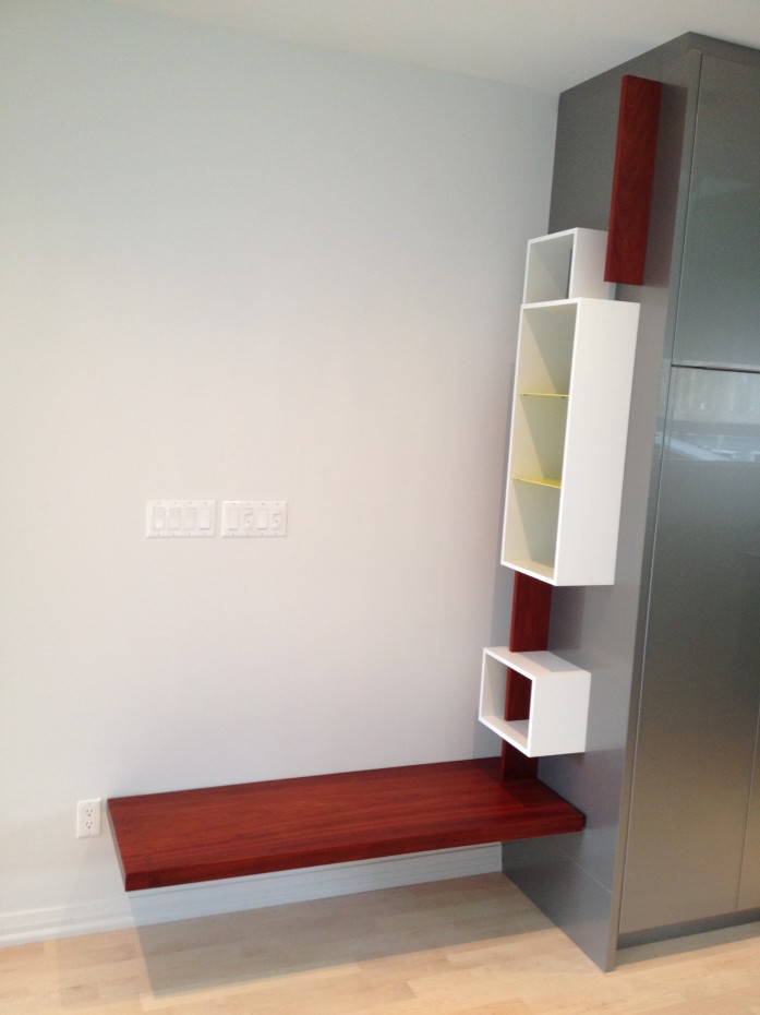 bench and key shelf, padauk wood and white lacquer panels